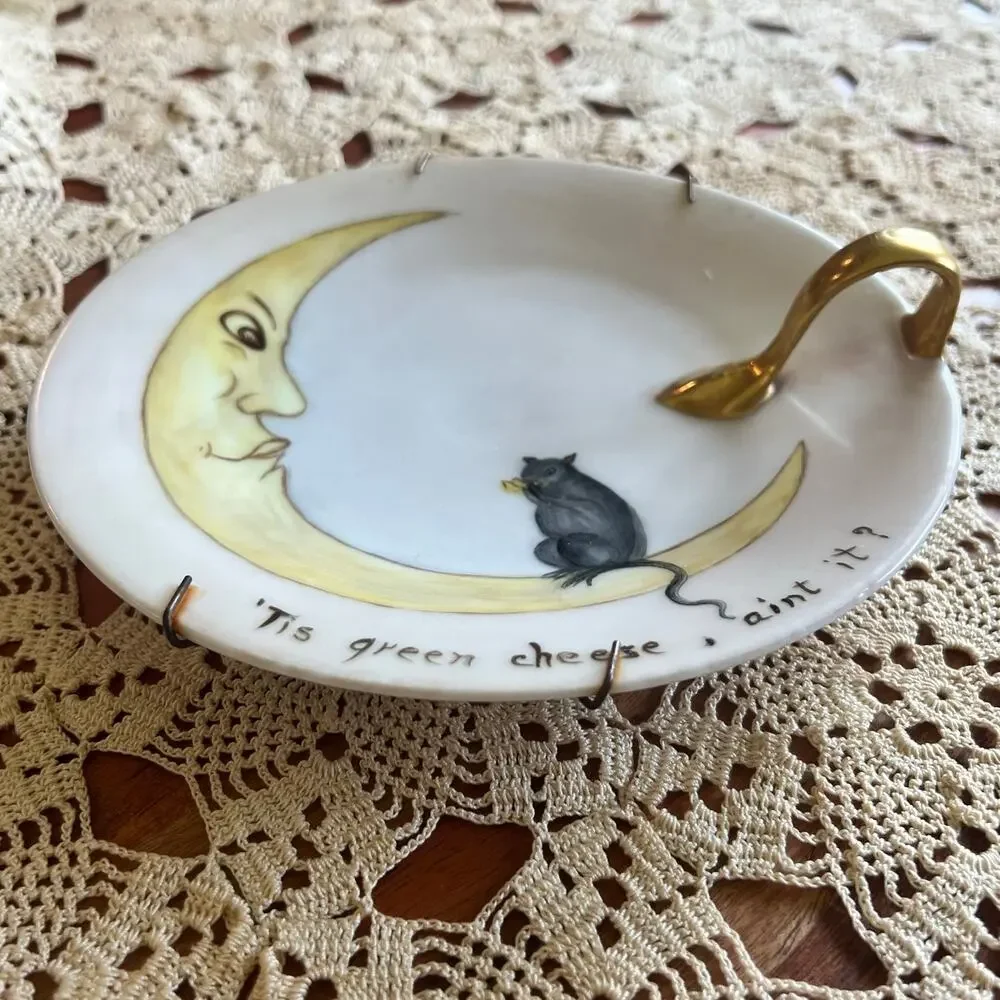 Vintage MCM Royal Bavaria Man in Moon Plate Porcelain Wall Hanging Cheese Quote
